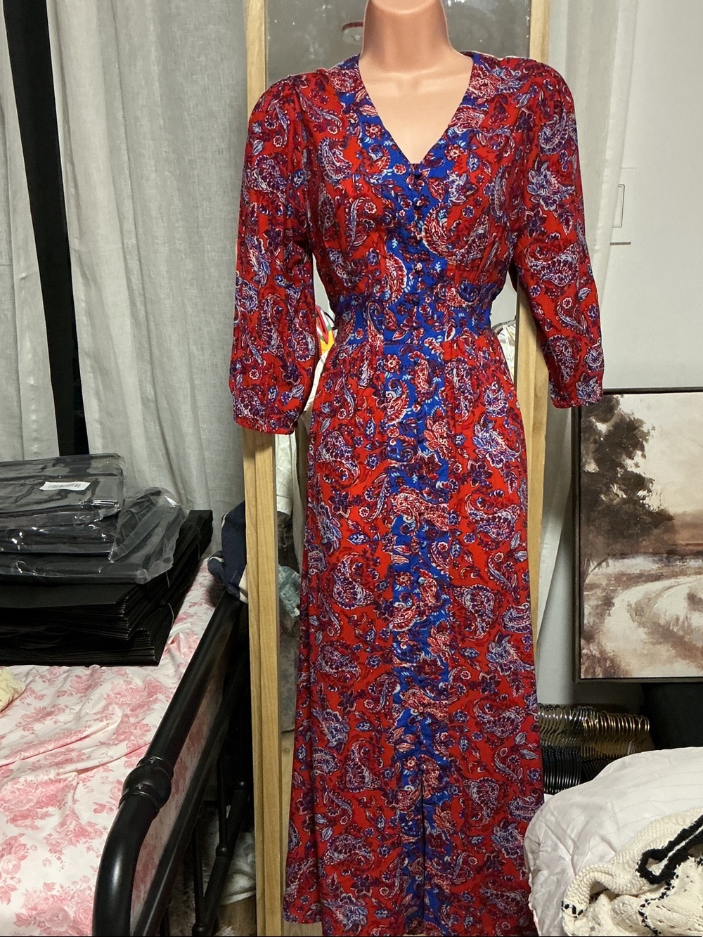 Red Paisley V-Neck Maxi Dress